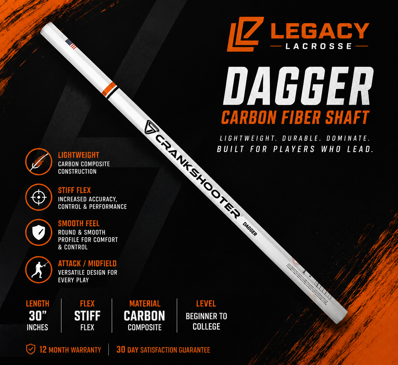 New! Dagger, Carbon Fiber 30' Lacrosse Shaft